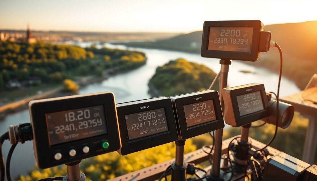 A detailed comparison of water level readings from various monitoring stations along the Elbe River, showcased against a backdrop of the river's winding banks and lush, verdant landscapes. The scene is bathed in warm, golden sunlight, casting subtle shadows and highlights that accentuate the precise measurements displayed on a series of digital displays. The composition thoughtfully balances the technical data with the serene, natural environment, creating a visually compelling and informative image that captures the essence of the "Vergleich der Pegelstände an verschiedenen Stationen" subject matter.