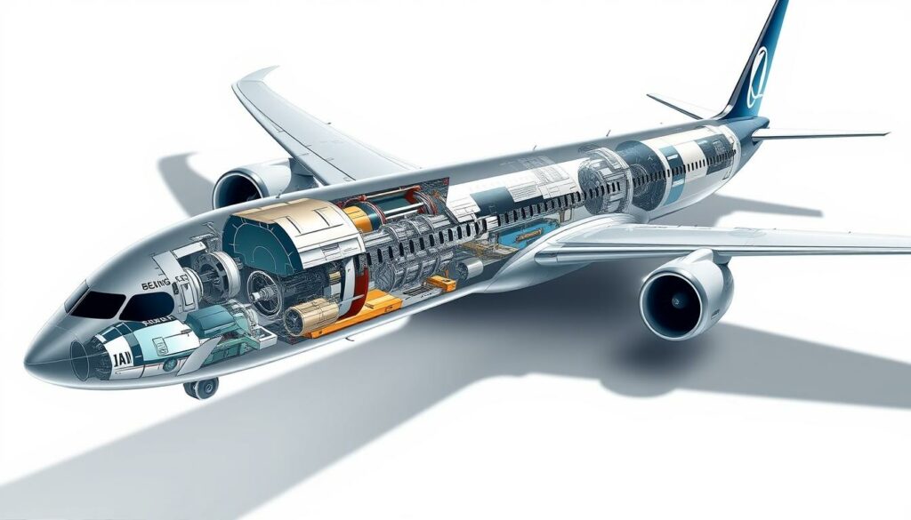 A detailed cross-section of the Boeing 787 Dreamliner, showcasing its intricate technical features. The aircraft's sleek fuselage is rendered in high-fidelity, with precise engineering diagrams highlighting the advanced composite materials, state-of-the-art avionics, and efficient aerodynamic design. The image captures the complexity of the aircraft's systems, including the powerful engines, sophisticated flight controls, and advanced passenger amenities. The lighting is crisp and technical, casting subtle shadows to accentuate the engineering details. The perspective is a cutaway view, allowing the viewer to peer into the inner workings of this modern aviation marvel. The overall mood is one of precise engineering, advanced technology, and the precision of modern aircraft design.