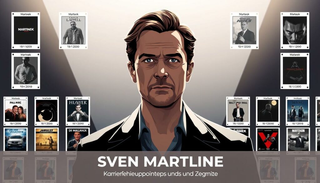 A detailed filmography of Sven Martinek's acting career, captured in a stylish and visually striking illustration. The foreground features a grid of movie poster-like frames, each showcasing a film title and release year in a clean, minimalist design. The middle ground presents Martinek's portrait, rendered in a high-contrast, cinematic lighting that emphasizes his charismatic features. The background is a sleek, gradient-based environment, evoking the glamour and prestige of the entertainment industry. The overall composition conveys a sense of Martinek's successful and acclaimed filmography, complementing the "Karrierehöhepunkte und Erfolge" section of the article.