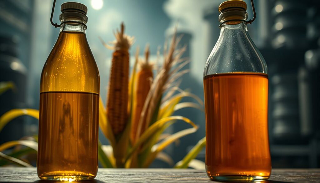 A detailed, high-resolution comparison of corn syrup and sugar cane, shot from a low angle with dramatic lighting and a shallow depth of field. The foreground features glass bottles containing the two liquids, their contents shimmering under a warm, golden spotlight. The middle ground showcases stalks of corn and sugar cane swaying gently, creating a sense of motion. In the background, a hazy, out-of-focus industrial setting suggests the manufacturing process. The overall mood is one of scientific curiosity and the juxtaposition of natural and artificial sweeteners.