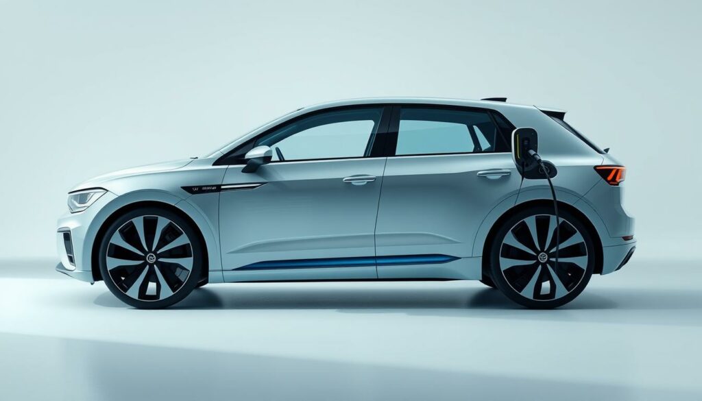A detailed, high-resolution rendering of a Volkswagen electric vehicle featuring the latest fast-charging technology. The vehicle is depicted in a minimalist, futuristic setting with clean lines and a sleek, aerodynamic design. The exterior showcases the innovative battery pack and charging port, highlighting the advanced electric powertrain. Soft, directional lighting accentuates the vehicle's form, creating a sense of technological sophistication. The scene conveys a mood of efficiency, progress, and environmental responsibility, reflecting the advancements in electric mobility. The focus is on the charging system and battery components, emphasizing the advanced Schnellladetechnik (fast-charging technology) that enables rapid recharging for the Elektrofahrzeug (electric vehicle).