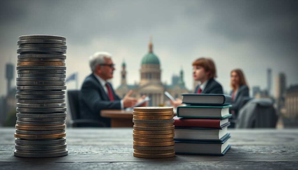 A detailed illustration depicting the contrast between "Rentenzuschüsse" (pension subsidies) and "Bildungsausgaben" (education spending). In the foreground, a stack of coins representing pension subsidies towers over a smaller stack of books symbolizing education funding. The middle ground features government officials debating the budget allocation, their expressions reflecting the tension between these two competing priorities. In the background, a blurred cityscape conveys the broader societal and economic context. The lighting is muted, creating a somber, thoughtful atmosphere, inviting the viewer to consider the delicate balance between social welfare and investment in the future. The composition emphasizes the disproportionate emphasis on short-term pension costs over long-term educational investment.