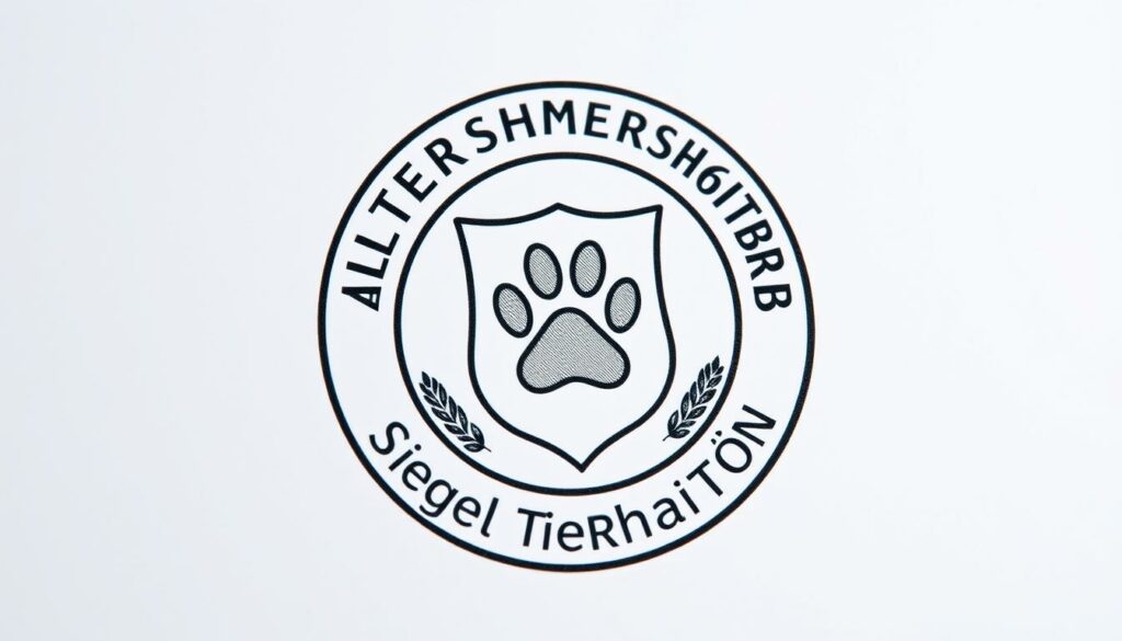 A detailed illustration of the "Deutscher Tierschutzbund Siegel Tierhaltung" emblazoned on a clean, white background. The seal is rendered with precision, showcasing the intricate design elements - a shield shape with a paw print in the center, surrounded by a laurel wreath. The overall impression is one of authority, quality, and a commitment to animal welfare. The lighting is soft and diffused, creating a sense of professionalism and trust. The angle is slightly elevated, giving the seal a prominent, authoritative presence. The mood is one of confidence and assurance, reflecting the credibility of the German Animal Welfare Association's certification.