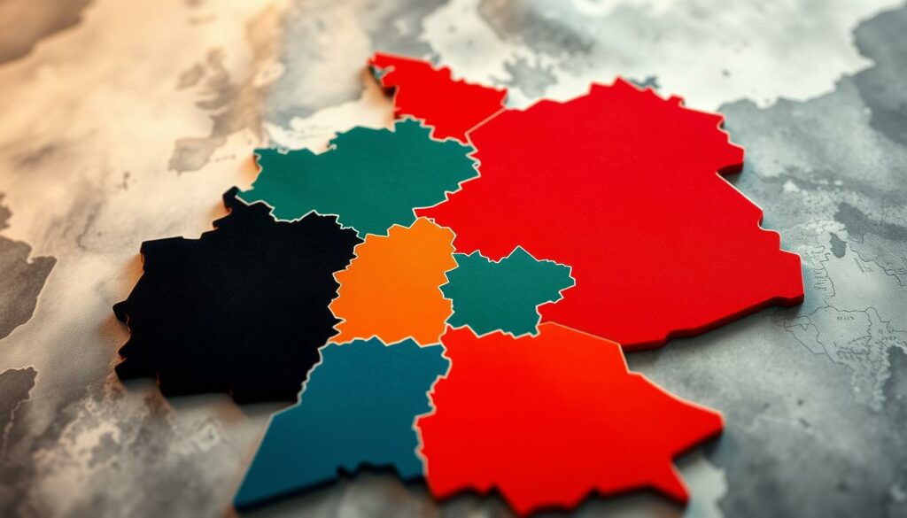 A detailed map of the Federal States of Germany, showcasing their individual positions on a specific political issue. The layout features a bold, high-contrast color scheme, with each state represented by a distinct geometric shape. The foreground depicts the states in clear, defined regions, while the background subtly hints at a sense of tension and division, conveyed through hazy, atmospheric lighting and subtle textures. The overall composition conveys a sense of strategic positioning, with the states arrayed in a dynamic, asymmetrical arrangement that suggests ongoing negotiation and debate. The image aims to capture the essence of the "Länder-Aufstand gegen Söder" scenario, providing a visually engaging representation of the complex political landscape.
