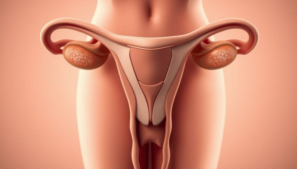 A detailed, scientific illustration of the female reproductive system, showcasing the vaginal health study concept. The foreground depicts the internal anatomy with precision, including the cervix, uterus, and ovaries. The middle ground features a clean, minimalist design with muted, earthy tones to convey a sense of professionalism and authority. The background is a soft, out-of-focus gradient, creating a clinical, medical atmosphere. Crisp lighting from multiple angles highlights the anatomical structures, while a shallow depth of field draws the viewer's focus to the central elements. The overall mood is one of educational, informative, and authoritative presentation of the "Vaginal Health" topic.