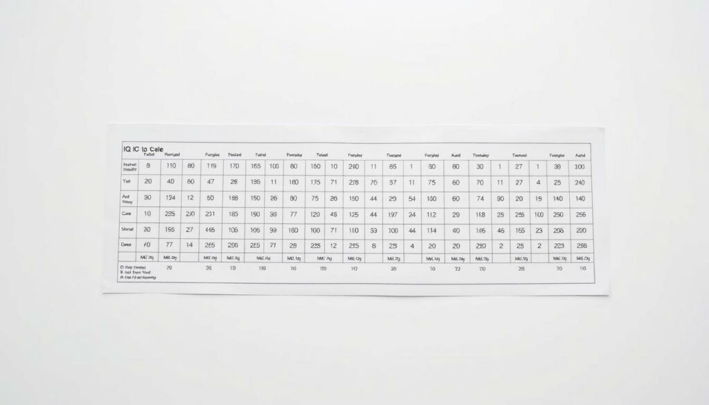 A detailed, scientifically accurate IQ scale chart, displayed on a clean, minimalist background. The chart features a clear visual representation of the IQ range, with labeled sections denoting the various intelligence levels, from "Intellectual Disability" to "Gifted and Talented." The chart is presented in a neutral, informative manner, with a focus on educating the viewer about the meaning and significance of different IQ scores. The lighting is soft and evenly distributed, creating a calm, scholarly atmosphere, and the camera angle is slightly elevated to give the impression of an educational reference material. The overall tone is one of clarity and professionalism, suitable for illustrating the section on Christoph Kramer's IQ score.