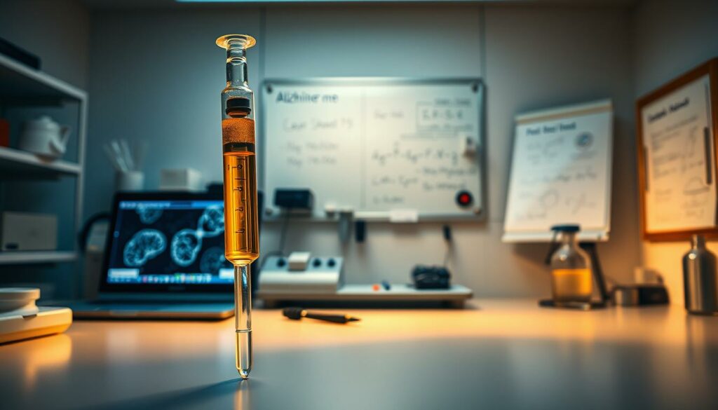 A detailed study on Alzheimer's prevention, showcasing a serene, dimly lit laboratory setting. In the foreground, a glass syringe filled with a viscous, golden substance stands prominently, casting a warm glow. The middle ground features a clean, sterile workspace with various medical instruments and a laptop displaying molecular diagrams. In the background, a wall-mounted whiteboard displays complex equations and research notes, hinting at the depth of the scientific investigation. The overall atmosphere conveys a sense of thoughtful, focused research, conveying the seriousness and importance of the subject matter.