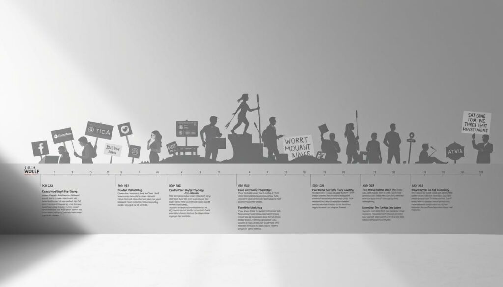 A detailed timeline infographic depicting the controversies surrounding Julia Wulf's history of provocative statements and actions. In the foreground, a central timeline with key events and milestones, annotated with concise, factual descriptions. In the middle ground, symbolic imagery related to the controversies, such as social media platforms, news headlines, and protest placards. In the background, a minimalist, monochromatic aesthetic with subtle textures and gradients, conveying a somber, contemplative mood. Lighting is soft and even, with a sense of depth and dimension. The overall composition is clean, balanced, and focused on effectively communicating the subject matter.
