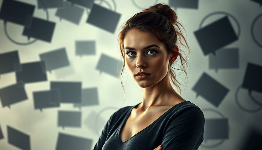 A determined young woman, Daniela Büchner, stands defiantly against a barrage of dark, swirling comments. Her gaze is unwavering, her expression resolute, as she confronts the digital onslaught with poise and confidence. The background fades into an ethereal haze, allowing the subject to take center stage. Soft, diffused lighting casts a subtle glow, emphasizing Daniela's strength and resilience. The overall atmosphere is one of steadfast determination, a visual representation of her strategy to overcome the challenges of online hate.