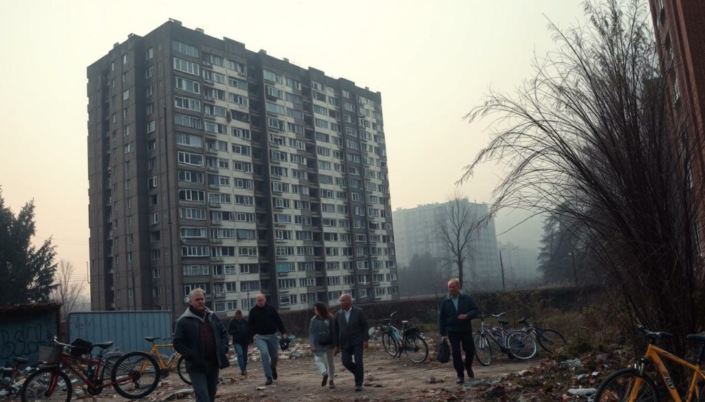 A dilapidated high-rise tower stands solemnly, its crumbling facade a testament to the social problems plaguing the Duisburg neighborhood. In the foreground, broken windows and graffiti-covered walls convey a sense of neglect and disrepair. Residents, some visibly distressed, navigate the cluttered, litter-strewn grounds, their expressions mirroring the bleak atmosphere. The middle ground reveals a scene of isolation, with abandoned bicycles and overgrown vegetation, while the background is shrouded in a hazy, somber light, casting a pall over the entire setting. This image captures the harsh realities of high-rise living in a struggling urban area, where poverty, crime, and a lack of investment have taken a heavy toll on the community.