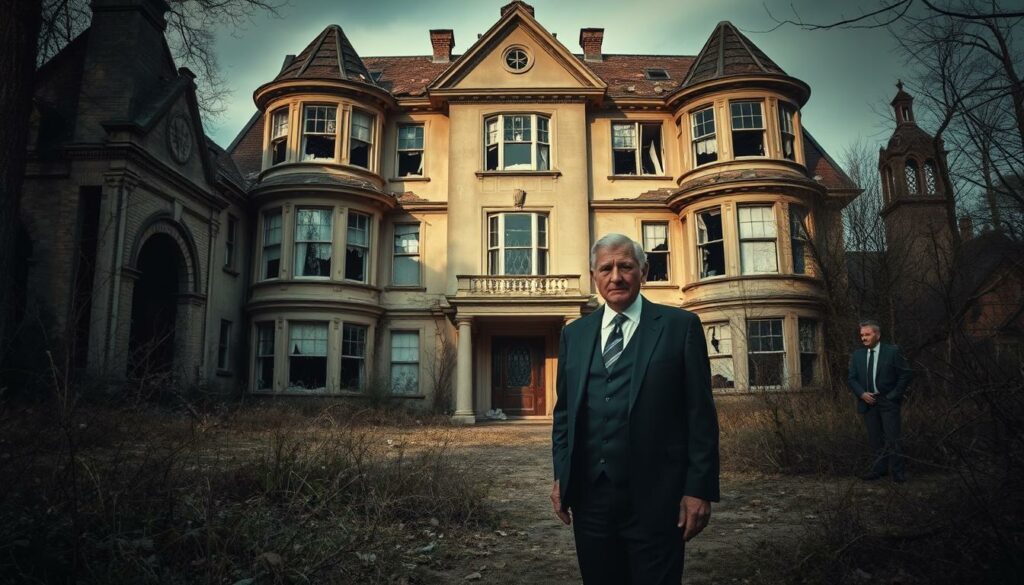A dilapidated mansion, once a symbol of grandeur, now crumbling under the weight of financial ruin. Shattered windows, overgrown weeds, and a sense of abandonment permeate the scene. René Benko, the once-esteemed real estate mogul, stands amidst the decay, his once-confident posture now slumped and defeated. Somber lighting casts long shadows, reflecting the somber mood of his downfall. In the background, a lone figure, possibly a creditor or former associate, watches from a distance, a testament to the fleeting nature of power and wealth. The image conveys the stark contrast between Benko's former glory and his current state of insolvency, a cautionary tale of the fragility of success.