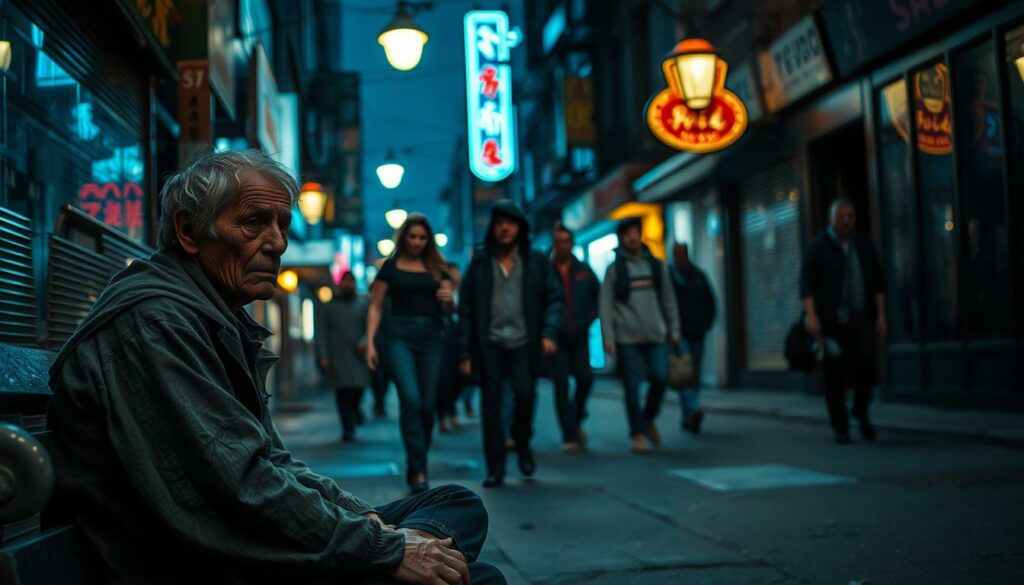 A dilapidated urban street, dimly lit by flickering streetlamps. In the foreground, a solitary figure sits hunched on a bench, their weathered face etched with anguish and despair. Tattered clothing hangs loosely, conveying the physical and emotional toll of life on the streets. In the middle ground, a group of passersby avert their gaze, their expressions a mix of indifference and unease. The background is a blur of neon signs and shadowy alleyways, hinting at the complex social and economic factors that contribute to the cycle of homelessness and mental health struggles. The overall atmosphere is one of isolation, hopelessness, and a profound need for compassion and support.