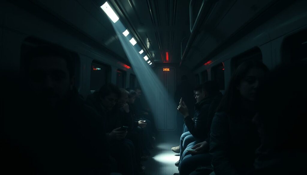 A dimly lit ICE train carriage, enveloped in total darkness, as passengers sit in silent tension, their faces barely visible in the eerie glow of emergency lights. The tunnel walls loom ominously, casting long shadows across the scene. The atmosphere is heavy with uncertainty, the air thick with the hush of a hundred held breaths. A single beam of light, slicing through the gloom, offers a fleeting glimpse of the trapped travelers, their expressions etched with a mixture of fear and resolve. The mood is one of claustrophobic dread, heightened by the knowledge that they are isolated, cut off from the outside world, waiting anxiously for rescue in the oppressive darkness of the underground.