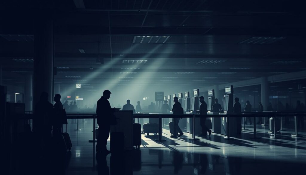 A dimly lit airport terminal at Milan-Bergamo, with a focus on the security checkpoints. The scene conveys a sense of heightened vigilance, with security personnel carefully examining passengers' documents and belongings. The terminal's architecture features clean lines and a minimalist aesthetic, creating an atmosphere of efficiency and order. Soft, diffused lighting casts long shadows, adding a touch of tension and unease. In the background, the sound of announcements and the bustle of travelers create a subtle, ambient noise. The prompt aims to capture the essence of airport security, hinting at the potential for unexpected incidents that could disrupt the smooth operation of the facility.