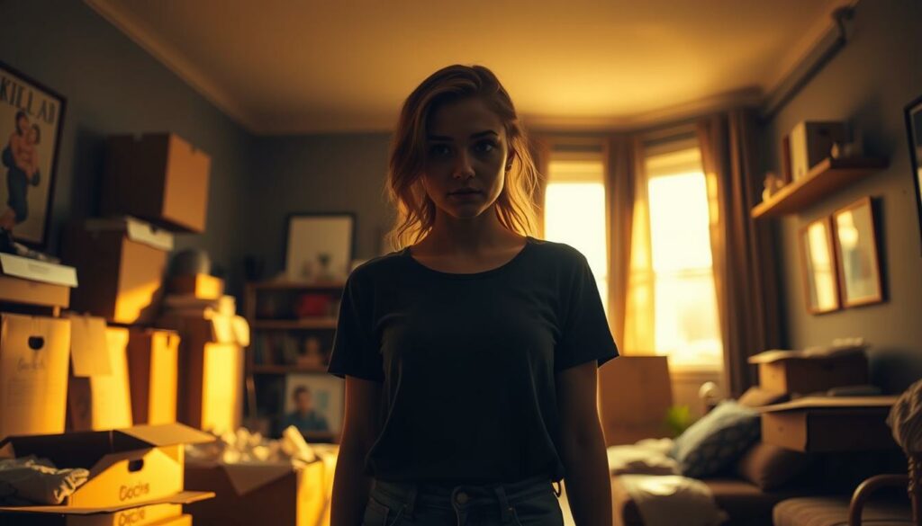 A dimly lit apartment interior, with a young woman standing in the middle, her expression conveying a mix of anxiety and determination. The room is cluttered with moving boxes, furniture, and personal belongings, hinting at a recent relocation or search for a new home. Warm, golden lighting filters through the windows, casting a soft glow on the scene. The camera angle is slightly low, emphasizing the sense of uncertainty and the weight of the character's decision. The overall atmosphere is one of anticipation and the bittersweet emotions associated with a new chapter in life.