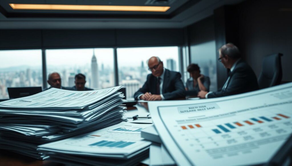 A dimly lit boardroom, where the weight of financial decisions hangs heavy in the air. In the foreground, a stack of financial reports and charts, reflecting the complex interplay between the economy and investor sentiment. The middle ground showcases a group of suited executives, their faces etched with concern as they pore over the data, seeking to understand the rippling effects of Warren Buffett's recent stock divestments. In the background, a panoramic view of a bustling city skyline, a testament to the far-reaching consequences that these financial moves can have on the broader economic landscape. Soft, muted lighting casts an air of seriousness and contemplation, as the room grapples with the potential impacts on both the economy and the investing public.