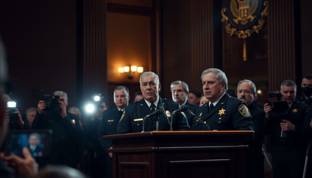 A dimly lit city hall in New York, police officers and government officials standing solemnly at a podium, delivering statements to a crowd of journalists with cameras flashing. The scene has a somber, serious atmosphere, with the officials appearing visibly concerned and somber, conveying the gravity of the situation. The background is blurred, focusing attention on the central figures, illuminated by soft, natural lighting that casts subtle shadows, emphasizing the weight of their words. The overall composition suggests a measured, formal response from the authorities, as they address the public in the aftermath of a tragic event.