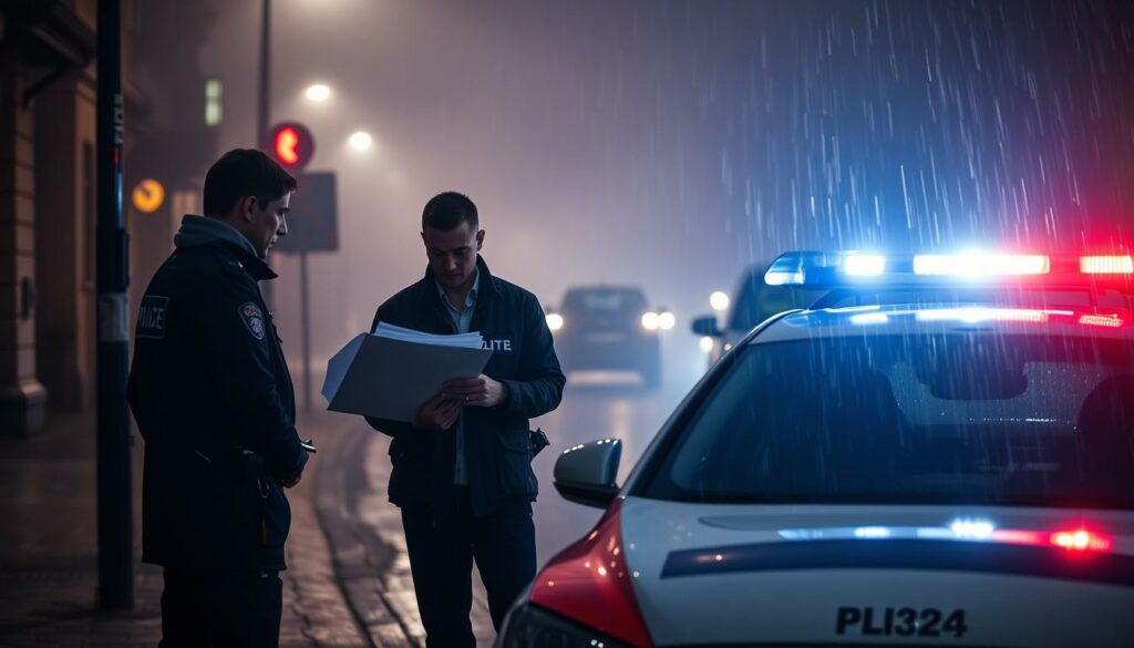 A dimly lit city street in Hamburg, with a police car parked on the curb, its flashing lights casting an eerie glow over the scene. In the foreground, two police officers stand, deep in discussion, their expressions grave as they examine a case file. The background is shrouded in a hazy, rainy atmosphere, suggesting a sense of mystery and tension. The overall mood is one of a serious, ongoing investigation, with a focus on the actions of a second suspect in the Hamburg Network 764 case.
