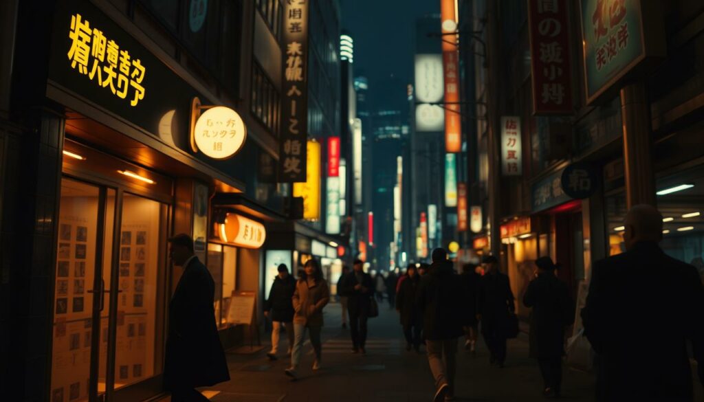 A dimly lit city street in Tokyo's Kabukicho district, the heart of Japan's legal sex industry. In the foreground, a neon-lit establishment with discreet signage, its facade hinting at the hidden world within. Shadows dance across the scene, adding an air of mystery. In the middle ground, pedestrians hurry by, averting their gaze, while a lone figure stands at the entrance, beckoning. The background is a blur of skyscrapers and flickering lights, suggesting the vast scale and complexity of this twilight economy. Cinematic lighting casts a warm, golden glow, creating a sense of both allure and unease. The overall mood is one of intrigue, where legality and morality converge in a delicate balance.