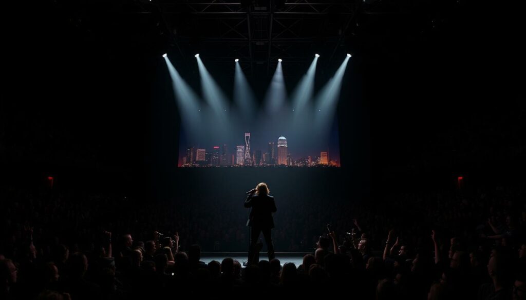 A dimly lit concert hall in Birmingham, the stage bathed in a somber, moody lighting. In the foreground, a lone figure stands at the microphone, his iconic silhouette instantly recognizable - Ozzy Osbourne, the Prince of Darkness, taking his final bow. The crowd, a sea of adoring faces, captures the bittersweet emotion of the moment, their expressions a mix of reverence and sorrow. The stage is adorned with intricate, dark-themed visuals, conveying the gravity of this farewell performance. In the background, the iconic Birmingham skyline can be seen through the venue's windows, a poignant reminder of the artist's lifelong connection to this city. The scene exudes a sense of finality, a powerful and evocative representation of the end of an era in music.
