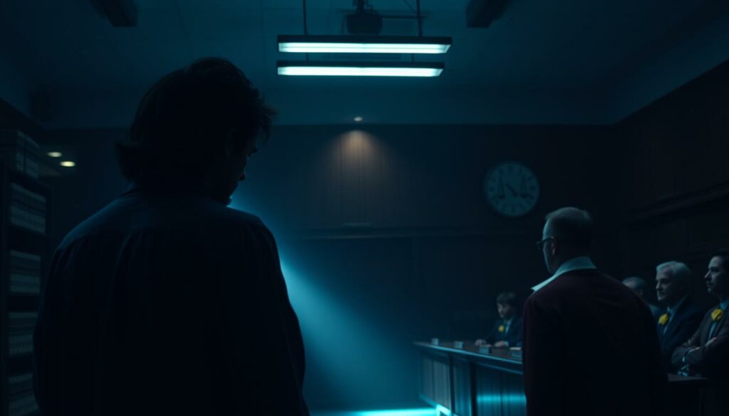 A dimly lit courtroom, the air heavy with tension. In the foreground, a defendant stands, their head bowed, facing the stern gaze of a robed judge. Flickering fluorescent lights cast eerie shadows across the scene, as a row of solemn-faced jurors watch on. In the background, the walls are lined with law books, a constant reminder of the gravity of the proceedings. The mood is somber, the atmosphere weighted with the consequences of the defendant's actions. A single spotlight illuminates the defendant, the focus of the court's scrutiny, as they await the verdict that will determine their fate.