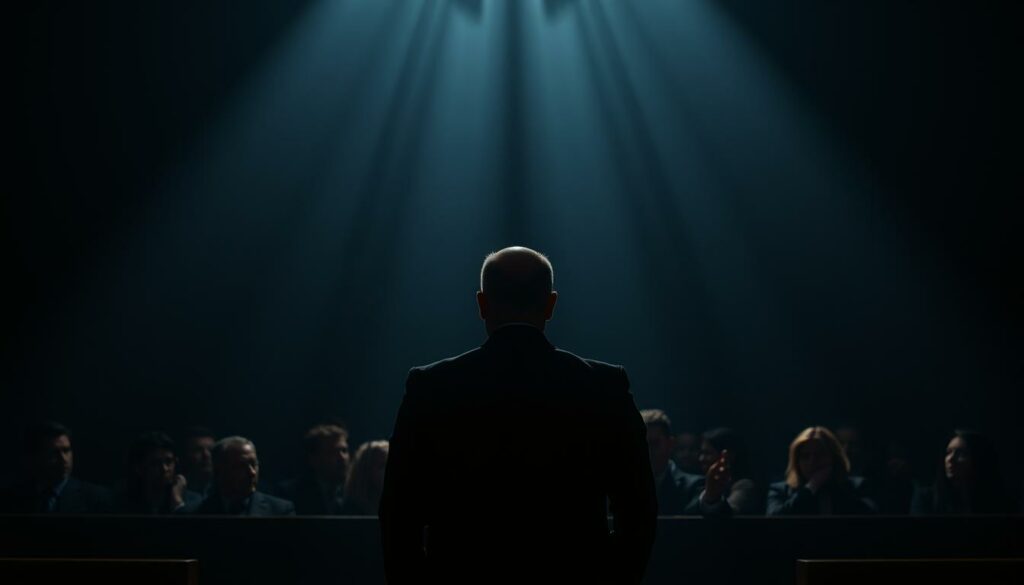 A dimly lit courtroom, the gavel's echo resonating through the solemn atmosphere. At the center, a figure stands, their face obscured by shadows, representing the uncertainty and gravity of an extradition process. In the background, a silhouetted crowd observes, their expressions a mix of tension and anticipation. The lighting casts dramatic shadows, adding a sense of tension and high stakes to the scene. The overall mood is one of seriousness and unease, reflecting the complexities and implications of the extradition proceedings.