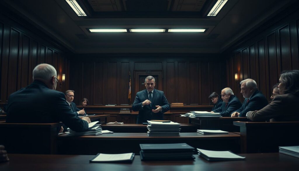 A dimly lit courtroom, the harsh glare of fluorescent lights casting shadows across the austere wooden benches. At the center, a stern-faced prosecutor stands before a panel of judges, presenting evidence, their brow furrowed in concentration. The air is thick with anticipation, the room charged with the weight of the investigation, the gravity of the crimes under scrutiny. Meticulously organized files, documents, and exhibits line the tables, each piece of information a thread in the tapestry of the case. The judges listen intently, their expressions unreadable, as the prosecutor lays out the damning facts, building a compelling narrative that will determine the fate of the accused. The scene is one of judicial rigor, where the power of the state is wielded with precision, and the wheels of justice turn, slowly but inexorably.
