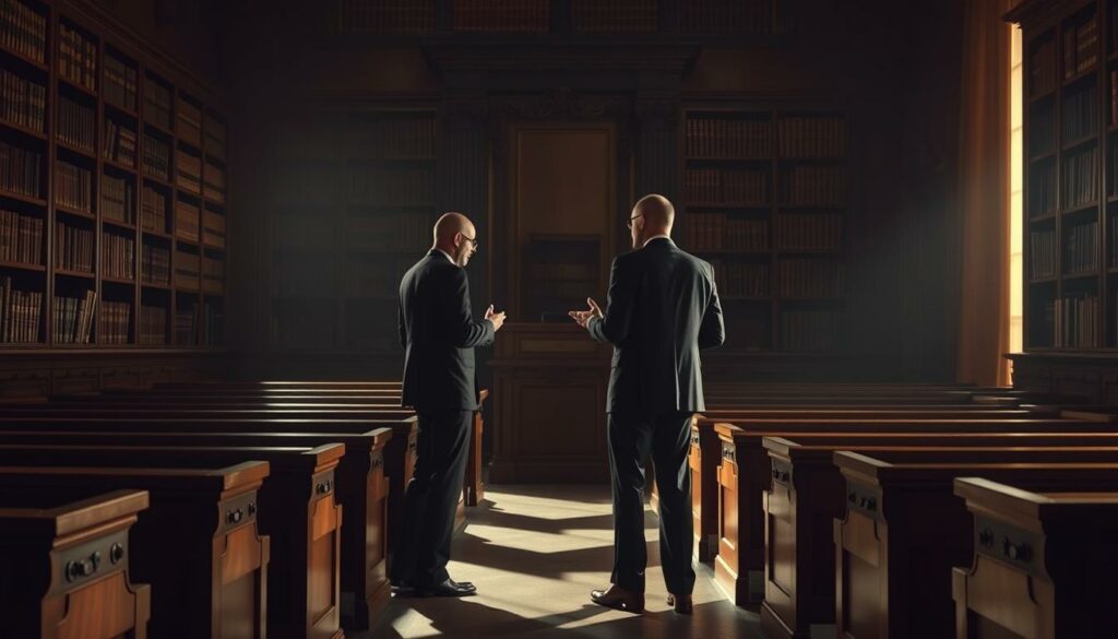 A dimly lit courtroom, the heavy wooden benches casting shadows across the floor. At the center, a judge's bench stands tall, flanked by towering bookshelves overflowing with legal tomes. In the foreground, a pair of lawyers engaged in a heated discussion, their gestures and expressions conveying the weight of the "Rechtliche Herausforderungen Sorgerecht" they navigate. The background is hazy, the focus drawn to the intense legal proceedings unfolding, the mood somber and serious. Soft, directional lighting casts dramatic shadows, lending an air of gravity to the scene. The angle is slightly elevated, giving a sense of the courtroom's grandeur and the significance of the legal challenges at hand.