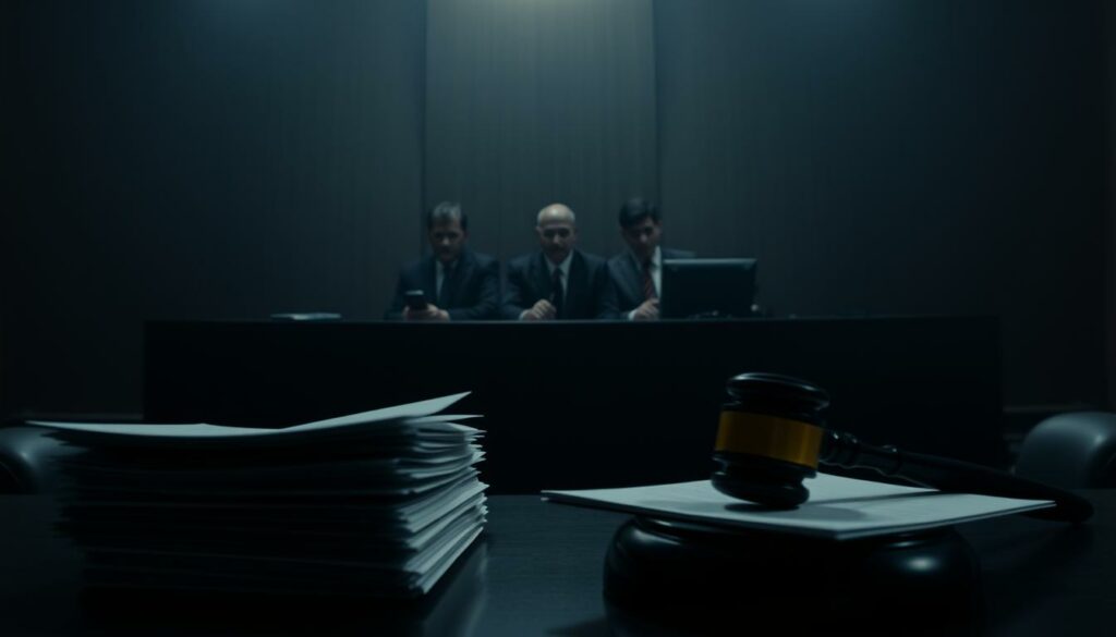 A dimly lit courtroom, the judges' bench cast in heavy shadows. In the foreground, a stack of legal documents and a gavel, symbols of the complex bureaucratic hurdles surrounding deportations from Afghanistan. In the middle ground, a group of immigration lawyers in solemn discussion, their expressions pensive as they navigate the labyrinth of legal challenges. The background is hazy, conveying the uncertain, murky nature of the political landscape. Muted colors and somber lighting evoke the gravity of the situation, while the use of depth and perspective draws the viewer's eye through the layers of the scene, reflecting the multi-faceted obstacles to deportation.