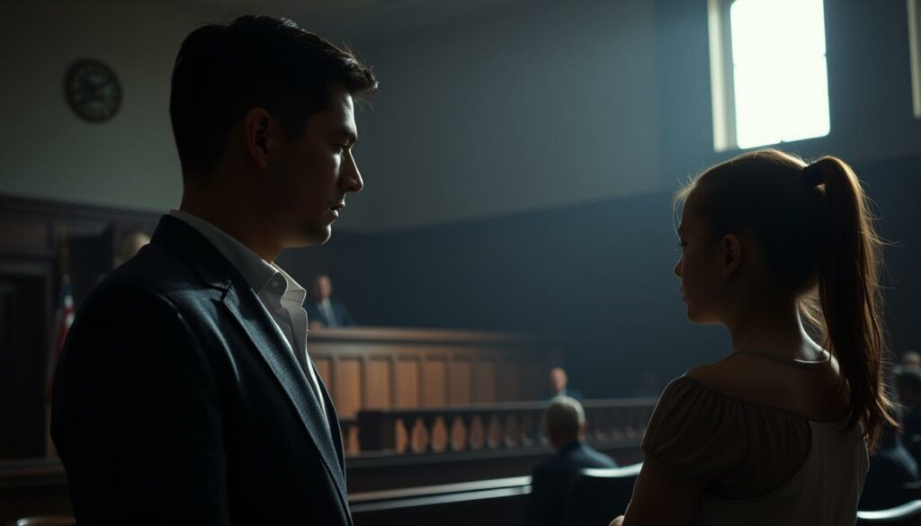 A dimly lit courtroom, the judge's bench casting a long shadow across the tense atmosphere. The estranged parents, faces etched with worry, stand before the magistrate, their legal battle for custody unfolding in hushed, weighty tones. The air is thick with the gravity of the decision to come, a pivotal moment that will shape the future of their family. Soft, directional lighting illuminates the participants, creating a chiaroscuro effect that heightens the drama. The scene is captured from a slightly elevated angle, conveying the importance and solemnity of the proceedings. Underlying it all is a sense of unease and uncertainty, as the fate of the children hangs in the balance.