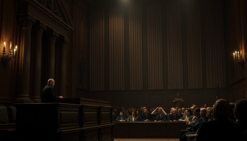 A dimly lit courtroom, the walls draped in somber tones, conveying the weight of the legal proceedings. In the foreground, a judge's bench stands as a symbol of justice, flanked by imposing columns and ornate architectural details. In the middle ground, a panel of jurors sits in thoughtful contemplation, their expressions reflecting the gravity of the case. In the background, a hazy crowd of observers, their faces obscured, representing the societal implications of the verdict. Soft, directional lighting casts dramatic shadows, heightening the sense of solemn deliberation. The scene evokes a sense of the complex interplay between the letter of the law and the broader societal impact of its application.
