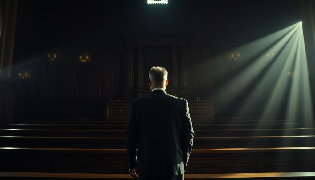 A dimly lit courtroom, the weight of justice palpable in the air. At the center, Daniel Serafini, once a celebrated sportsman and millionaire, now a convicted killer, stands solemnly as the verdict is read. The judge's somber expression reflects the gravity of the decision, a culmination of the evidence and testimonies that have unraveled the path to this conviction. Shadows cast by the wooden benches and high ceilings create a sense of foreboding, while shafts of light cutting through the windows add a sense of finality to the scene. The mood is one of solemn contemplation, a moment of reckoning for a life that has taken a tragic turn.
