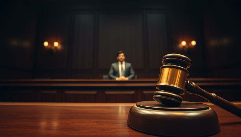 A dimly lit courtroom, the weight of legal consequences palpable in the air. In the foreground, a judge's gavel rests on a mahogany desk, a symbol of justice and authority. In the middle ground, two figures stand, their expressions solemn and apprehensive, facing the bench. The background is a blend of shadows and subdued lighting, creating a somber, serious atmosphere. The scene is captured through a wide-angle lens, emphasizing the gravity of the situation. The overall mood evokes a sense of trepidation and the gravity of the legal proceedings about to unfold.