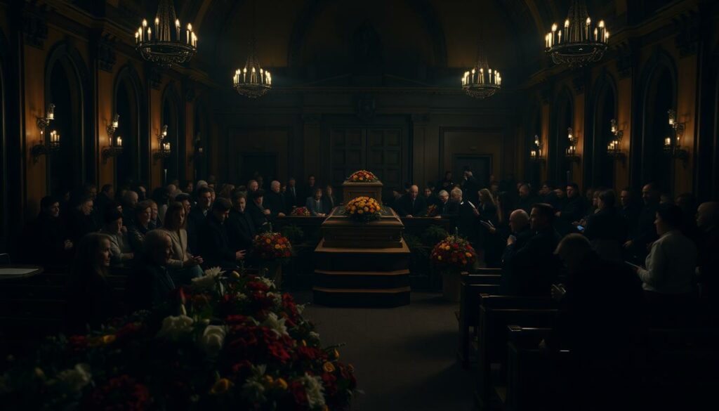 A dimly lit funeral hall in Hamburg, where mourners gather to pay their respects. The somber atmosphere is accentuated by soft, warm lighting, casting gentle shadows across the faces of the attendees. In the foreground, a large, ornate casket stands amidst a sea of flower arrangements, their vibrant colors a stark contrast to the solemn mood. The middle ground is filled with rows of wooden pews, where mourners sit in quiet contemplation, their expressions a mix of grief and reverence. In the background, the high ceilings and ornate architectural details of the hall create a sense of grandeur and solemnity, befitting the weight of the occasion. The overall scene conveys a sense of profound loss and the community's collective support for the Hauser family during this difficult time.