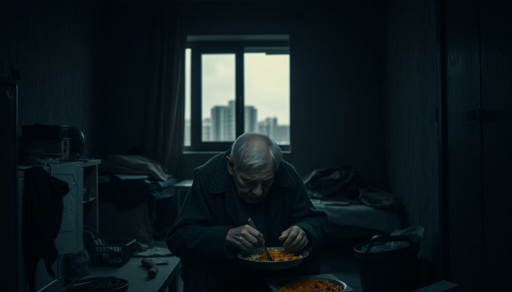 A dimly lit, gloomy scene depicting the harsh realities of old-age poverty. In the foreground, an elderly person sits alone, hunched over a meager meal, their weathered face etched with worry. The middle ground reveals a cluttered, sparsely furnished room, hinting at limited resources. In the background, a window offers a glimpse of a bleak, urban landscape, symbolizing the societal isolation experienced by those struggling with financial insecurity in their golden years. The overall atmosphere conveys a sense of despair and the heavy burden of growing old without adequate support.