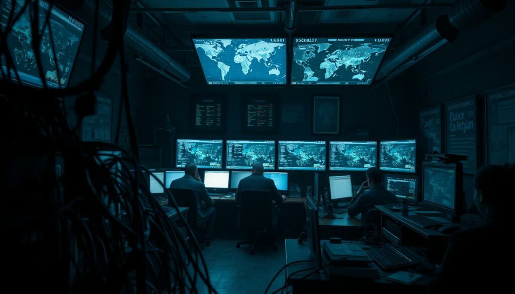 A dimly lit, gritty interior of a Schockanrufer (telephone scam) operations center. In the foreground, a tangle of wires and electronic equipment, hinting at the illicit nature of the activities. In the middle ground, several individuals hunched over desks, intensely focused on their tasks. The atmosphere is tense and foreboding, conveyed through dramatic chiaroscuro lighting and a sense of urgency. In the background, a series of screens display maps, call logs, and other surveillance data, underscoring the organized, multinational scale of the operation. The scene exudes a palpable sense of unease, conveying the high-stakes, cat-and-mouse dynamic between the scammers and the Internationale Polizei Zusammenarbeit (International Police Cooperation) tasked with shutting them down.