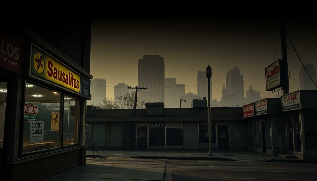 A dimly lit, gritty urban setting with a sense of melancholy and financial distress. In the foreground, a closed-down restaurant with a "For Lease" sign in the window, its once-vibrant decor now faded and neglected. The middle ground features a row of empty storefronts, their facades adorned with "Closed" and "Going out of Business" signs, reflecting the broader economic downturn. In the background, a hazy skyline of high-rise buildings, conveying a sense of impersonal corporate dominance. The lighting is muted, casting long shadows and creating an atmosphere of uncertainty and decline. The overall scene evokes the reasons behind the mass closures of the Sausalitos restaurant chain - a cautionary tale of the challenges facing the hospitality industry.