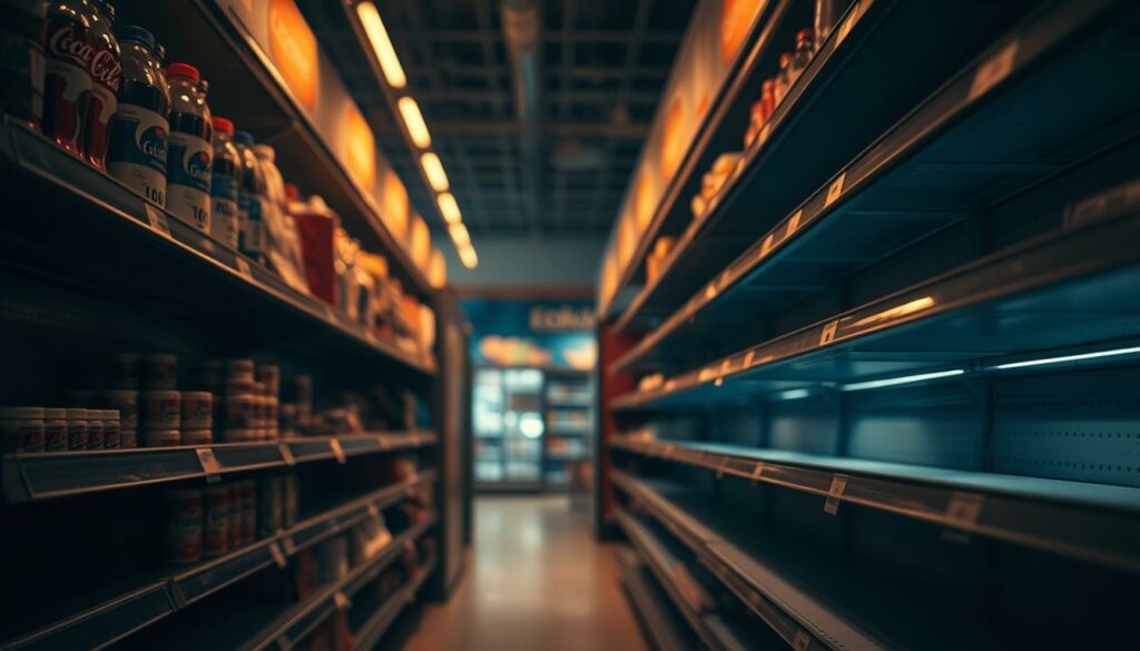 A dimly lit grocery store aisle, shelves with noticeable gaps where products should be, conveying a sense of disarray and disruption. Soft, warm lighting casts shadows, creating a moody, atmospheric setting. The camera angle is slightly low, highlighting the emptiness of the shelves and the tension in the scene. The background is blurred, drawing the viewer's focus to the unsettling gaps in the product displays. The overall mood is one of uncertainty and unease, reflecting the challenges faced by retailers and customers in the wake of the Coca-Cola and Edeka dispute.
