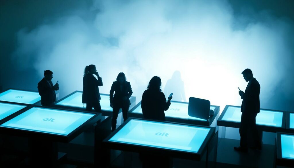 A dimly lit, high-angle view of various social media platforms depicted as sleek, modern digital platforms or screens. The platforms are positioned prominently in the foreground, casting a soft, bluish glow that illuminates the scene. In the middle ground, shadowy figures representing influencers and users interact with the platforms, their expressions focused and intense. The background is hazy, suggesting the complex web of financial and legal implications surrounding the platforms' role in tax evasion. The overall mood is one of tension and unease, highlighting the platforms' central role in the tax fraud issue.
