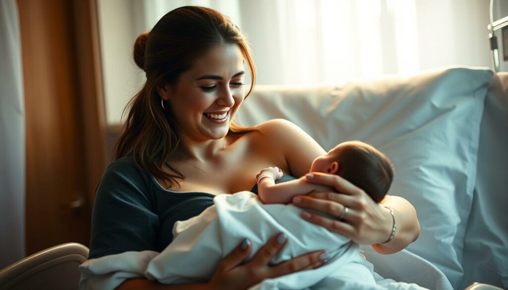 A dimly lit hospital room, bathed in soft, warm lighting. In the center, a new mother cradling her newborn child, their faces radiating pure, unbridled joy and wonder. The mother's expression is one of pure elation, her eyes filled with tears of happiness as she gazes lovingly at her daughter. The baby, wrapped in a soft, white blanket, rests peacefully in her mother's arms, their skin-to-skin contact creating a profound sense of intimacy and connection. The hospital bed is neatly made, and medical equipment is discreetly present, but the focus remains firmly on the emotional, tender moment between mother and child. The room's atmosphere is serene, tranquil, and imbued with a palpable sense of love and new life.
