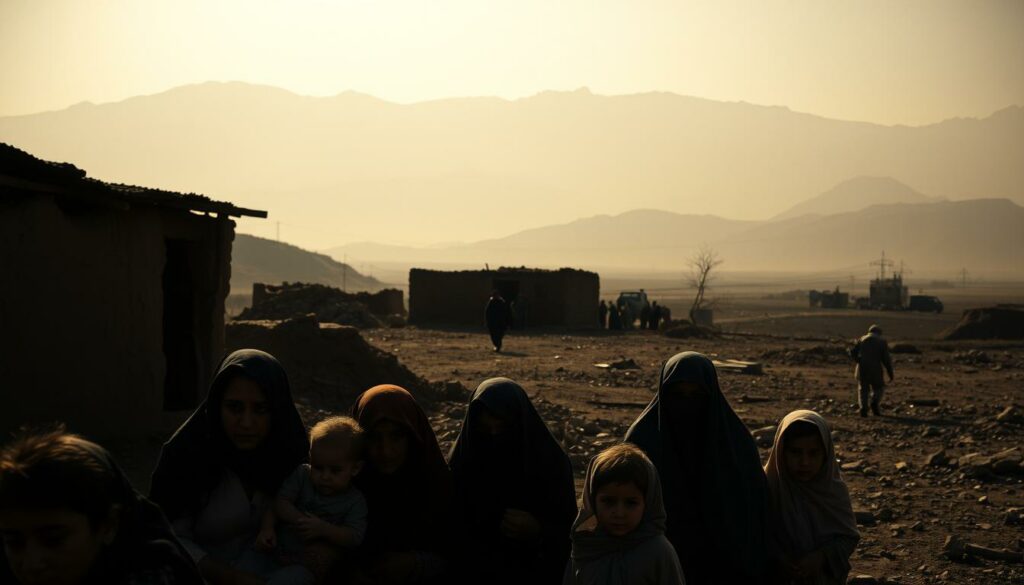 A dimly lit, impoverished Afghan village with women and children huddled in the foreground, their faces weary and hopeless. In the middle ground, a crumbling mud-brick home and a small group of women in burqas, their movements restricted. The background is hazy, with mountains looming ominously, conveying a sense of isolation and despair. The lighting is somber, casting long shadows and a muted, sepia-toned palette, evoking the hardship and oppression experienced by Afghan women under Taliban rule. The overall atmosphere is one of profound human suffering and the urgent need for humanitarian aid and intervention.