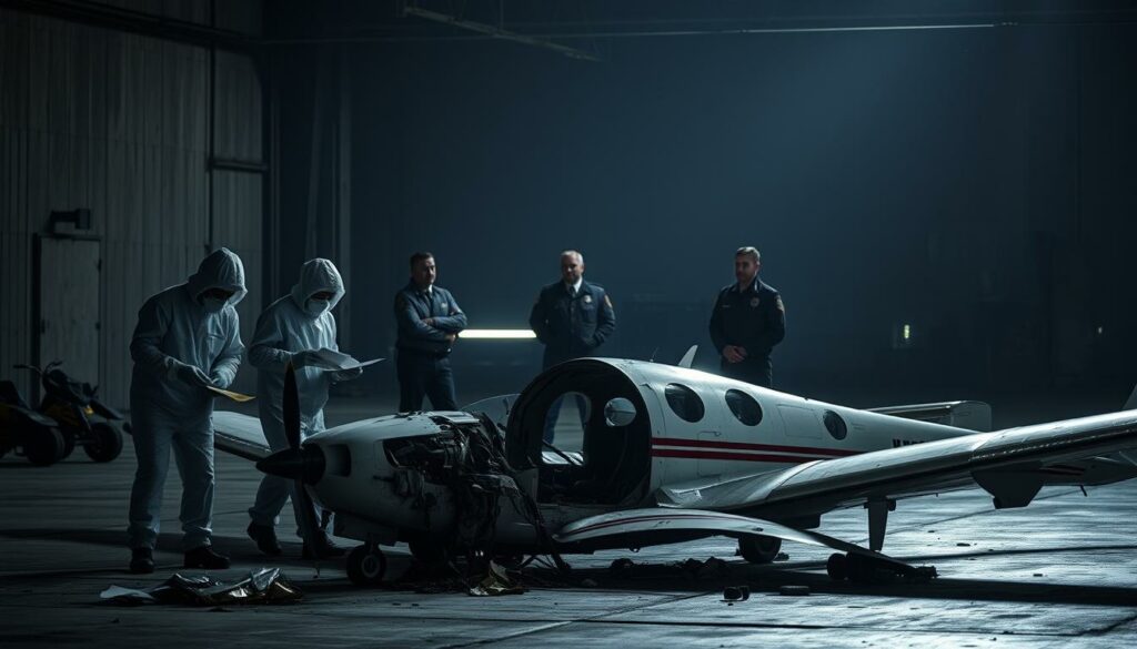 A dimly lit, industrial hangar scene. In the foreground, investigators in protective gear examine the wreckage of a small private aircraft, meticulously documenting evidence. In the middle ground, uniformed officials confer, expressions grave, as they direct the recovery efforts. The background is shrouded in shadows, hinting at the somber mood and the complexities of the ongoing investigation into the tragic accident. Muted tones of gray, steel, and weathered concrete create a sense of somber intensity, as the team works to uncover the causes and determine the appropriate response from the authorities.