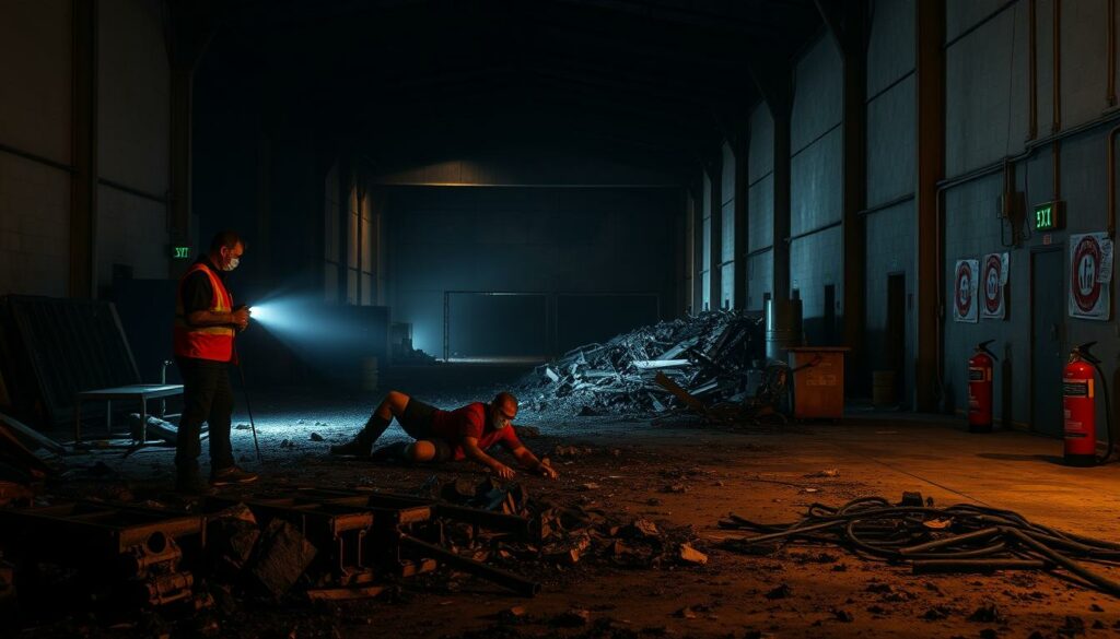 A dimly lit, industrial warehouse interior, with charred debris and charred equipment scattered across the floor. In the foreground, investigators in protective gear closely examine the scene, casting an eerie glow from their flashlights. The middle ground reveals a partially collapsed ceiling, hinting at the intensity of the blaze. In the background, the faint outline of fire extinguishers and emergency exit signs suggests the aftermath of a significant event. The overall atmosphere is one of investigation, uncertainty, and the lingering effects of a catastrophic incident, potentially linked to pyrotechnics, as the title suggests.