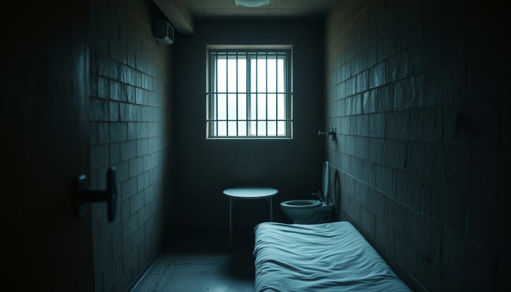 A dimly lit interior of a prison cell in Stadelheim Correctional Facility, conveying the grim reality of incarceration. The cell is sparsely furnished, with a narrow bed, a small table, and a metal toilet in the corner. The walls are made of drab, concrete blocks, and the barred window casts a somber, muted light into the space. The atmosphere is one of confinement and discomfort, yet the camera angle suggests a detached, observational perspective, hinting at the "Promi-Bonus" experienced by high-profile inmates. The image aims to capture the mundane, yet unsettling, nature of the daily life within the prison walls.