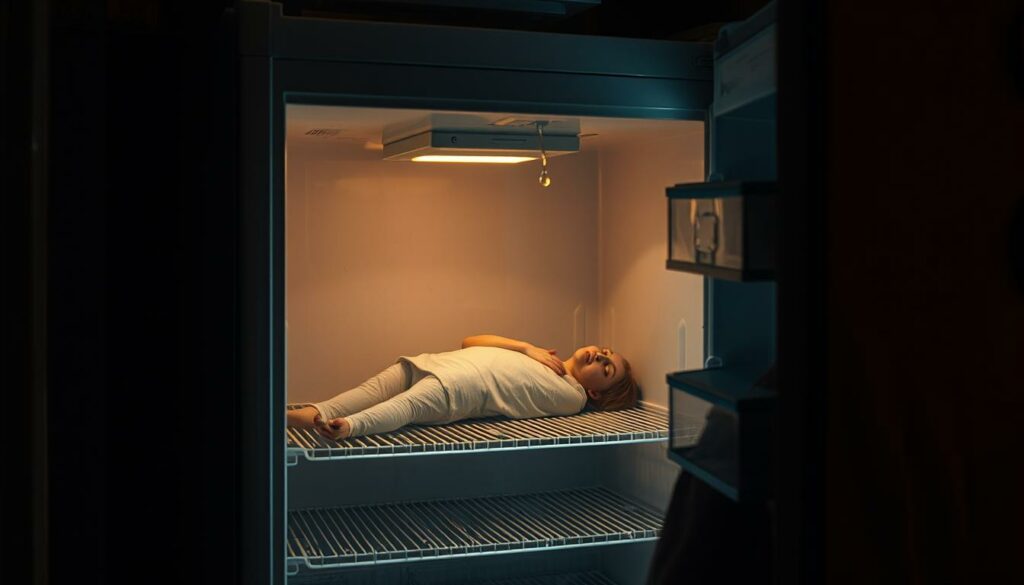 A dimly lit kitchen interior, the focus on an open refrigerator door revealing a grisly discovery - a lifeless body, pale and still, nestled among the chilled shelves. The harsh fluorescent light casts sharp shadows, creating an unsettling atmosphere. Droplets of condensation glisten on the metal surfaces, heightening the sense of the macabre. The scene is meticulously documented, with forensic investigators in protective gear carefully examining the evidence. The mood is somber, the tension palpable, as the tragic details of this disturbing homicide slowly come to light.