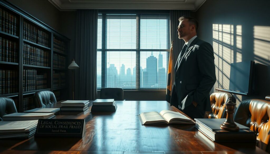 A dimly lit legal office, the desk a worn wood surface. Papers, files, and a nameplate reading "Legal Consequences of Social Fraud" sit neatly arranged. The walls are lined with law books, casting shadows that suggest the gravity of the subject matter. A lone lawyer, in a crisp suit, stands by the window, gazing pensively out at the city skyline. Beams of sunlight filter through the blinds, illuminating the serious expression on their face, hinting at the complex challenges and consequences they must navigate. The atmosphere is one of sober professionalism, a visual representation of the legal intricacies involved in addressing social welfare fraud.
