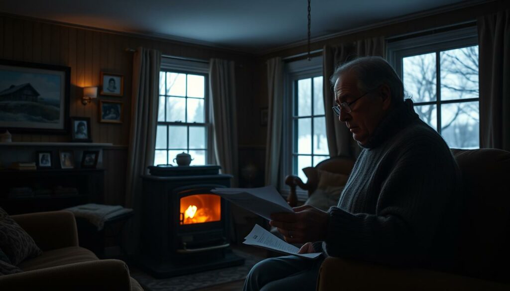 A dimly lit living room, the walls adorned with family photos and cozy furnishings. In the center, a large, old-fashioned oil heater radiates warmth, its flickering flames casting a soft glow. Nearby, a concerned homeowner, dressed in a thick sweater, studies utility bills and contemplates the rising cost of heating oil. The room's atmosphere is somber, tinged with the weight of financial worries. Outside, the winter landscape is visible through the window, a stark contrast to the intimate, domestic scene within. The image conveys the anxiety and strain experienced by households grappling with the surging demand and prices for heating oil.