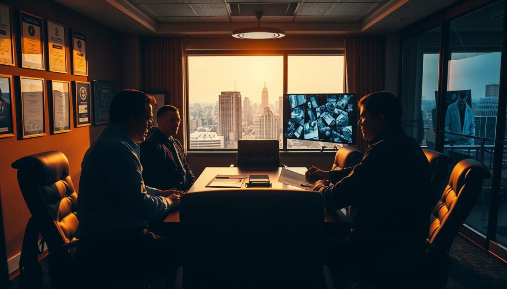 A dimly lit office interior, the walls adorned with framed security certifications and company logos. In the foreground, a group of stern-faced security personnel examining documents and surveillance footage on a large display. Their expressions convey a sense of focused professionalism as they unravel the intricacies of an investigation. The middle ground features a conference table surrounded by leather chairs, casting long shadows across the room. In the background, a large window offers a glimpse of a bustling city skyline, hinting at the broader context of the security firm's operations. The scene is bathed in a warm, amber-toned lighting, creating an atmosphere of quiet intensity and attention to detail.