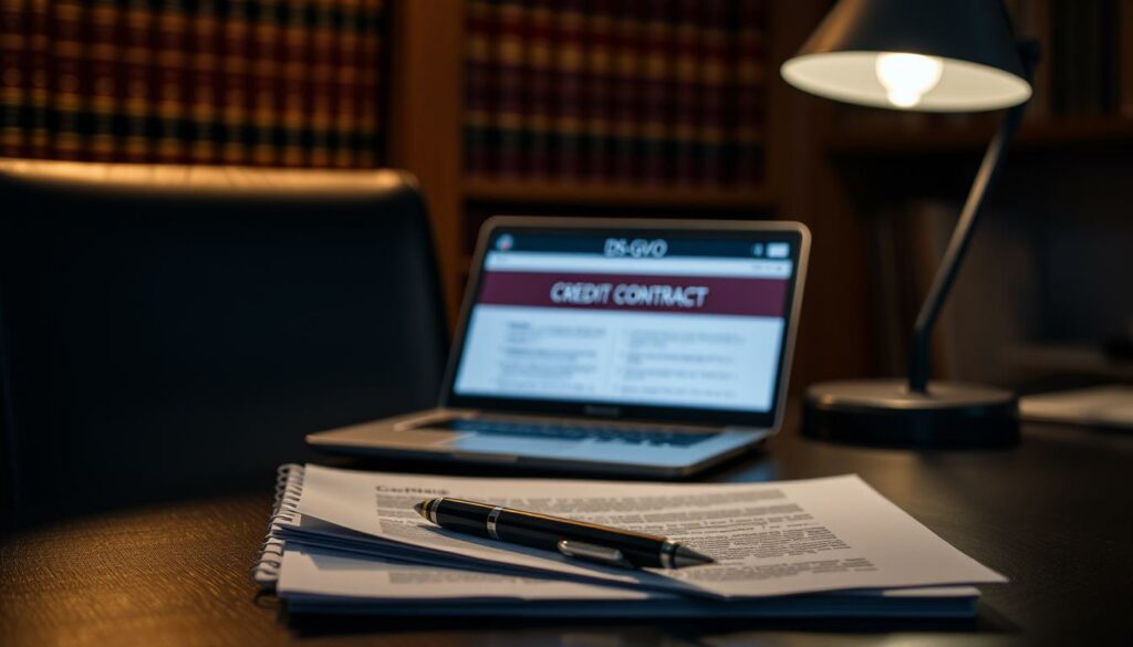 A dimly lit office setting, with a desk and chair in the foreground. On the desk, a stack of documents labeled "DS-GVO" and a pen resting next to them. In the middle ground, a laptop displaying a credit contract, its screen reflecting the faint glow of the desk lamp. The background is blurred, hinting at shelves of legal books and a sense of seriousness. The scene conveys a mood of careful consideration, as the viewer contemplates the intersection of data protection regulations and credit agreements.