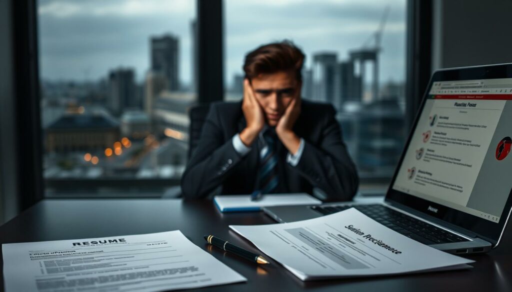 A dimly lit office setting, with a desk in the foreground showcasing a resume, pen, and a laptop displaying a German language proficiency assessment. In the middle ground, a frustrated job applicant sits, their facial expression conveying concern. The background depicts a blurred cityscape, representing the broader employment landscape. Soft, moody lighting casts shadows, creating a contemplative atmosphere. The scene visually encapsulates the challenges of language barriers faced by job seekers in the German workforce.